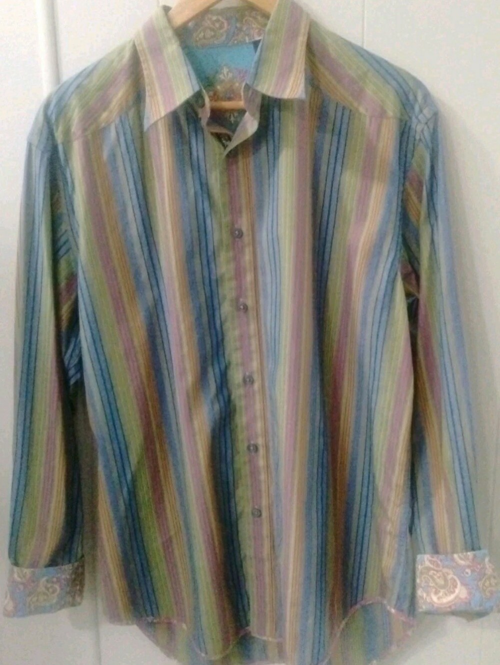 Robert Graham Long Sleeve Button Down Striped Red Blue Green Split Cuff Large